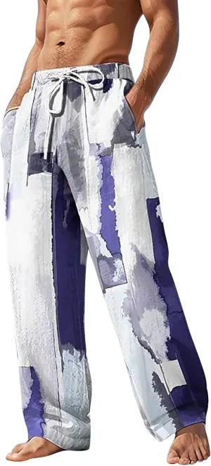 Mens Casual Linen Pants Elastic Waist Drawstring Pleated Lightweight Joggers Loose Fit Summer Beach Yoga Trousers