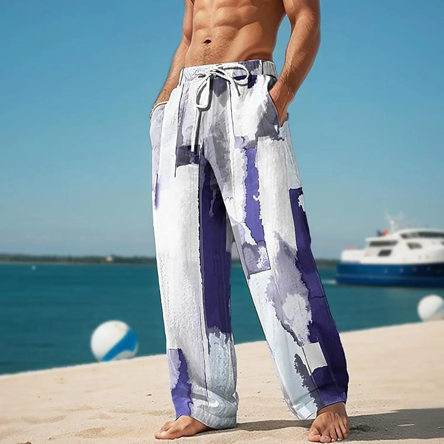 Mens Casual Linen Pants Elastic Waist Drawstring Pleated Lightweight Joggers Loose Fit Summer Beach Yoga Trousers