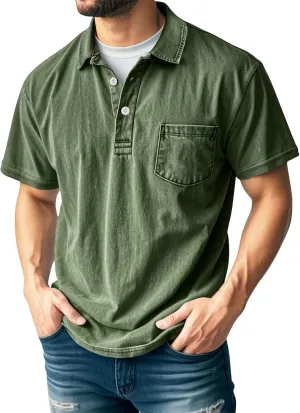 Men's Casual Polo Shirts Short Sleeve Classic Button Distressed Washed T-Shirt Summer Stylish Retro Golf Basic Tees