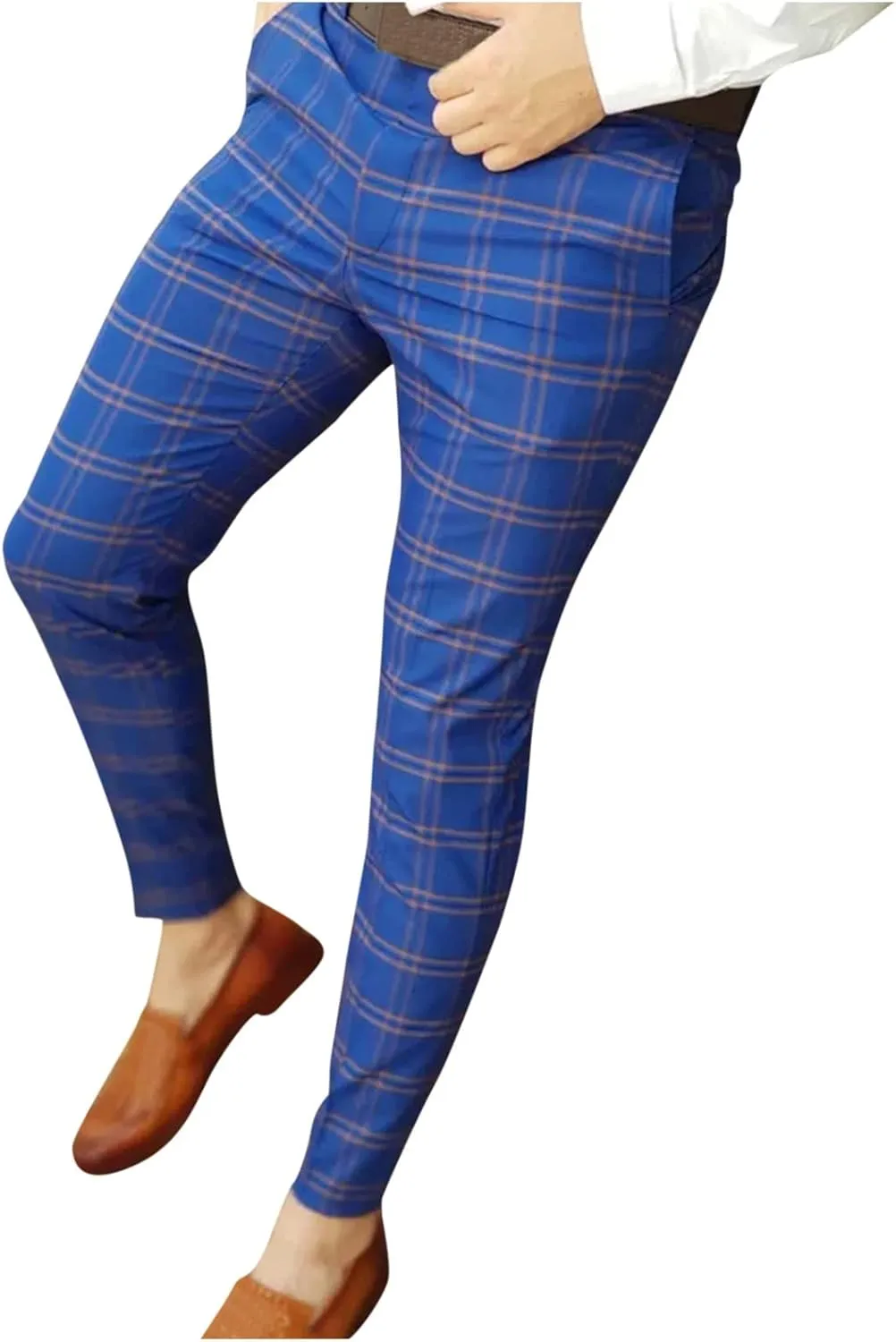 Men's Casual Stretch Business Dress Pants Slim Fit Plaid Stylish Golf Chino Pants Skinny Flat-Front Tapered Work Pant
