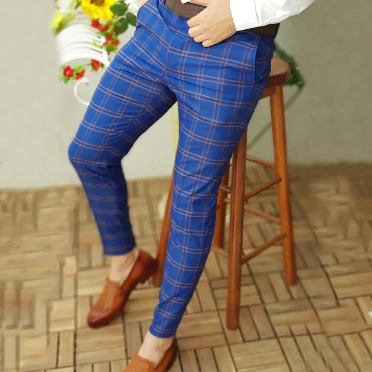 Men's Casual Stretch Business Dress Pants Slim Fit Plaid Stylish Golf Chino Pants Skinny Flat-Front Tapered Work Pant