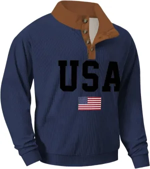 Mens Corduroy Sweatshirts USA Letter Print Stand Collar Button Casual Sweatshirts Long Sleeve American Patriotic Tops