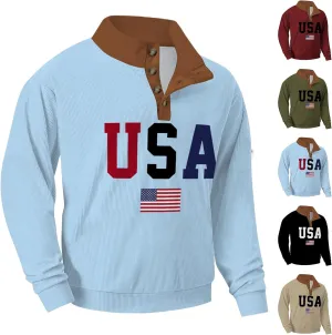 Mens Corduroy Sweatshirts USA Letter Print Stand Collar Button Casual Sweatshirts Long Sleeve American Patriotic Tops