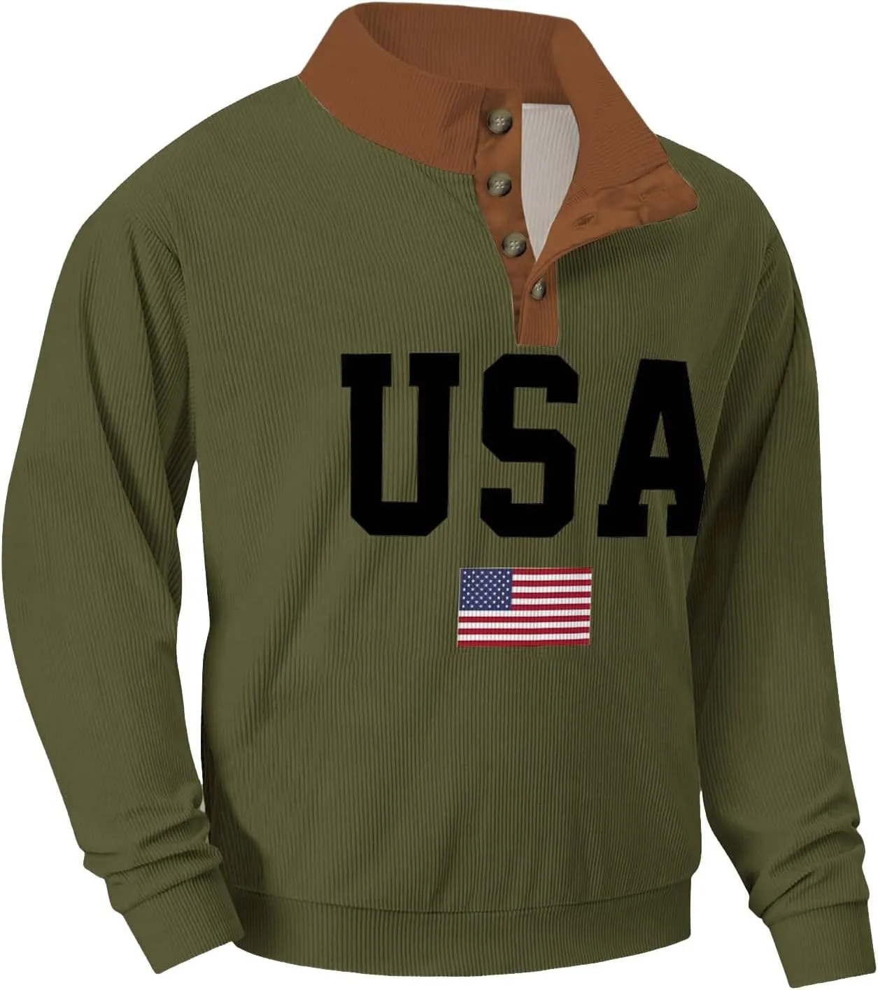 Mens Corduroy Sweatshirts USA Letter Print Stand Collar Button Casual Sweatshirts Long Sleeve American Patriotic Tops
