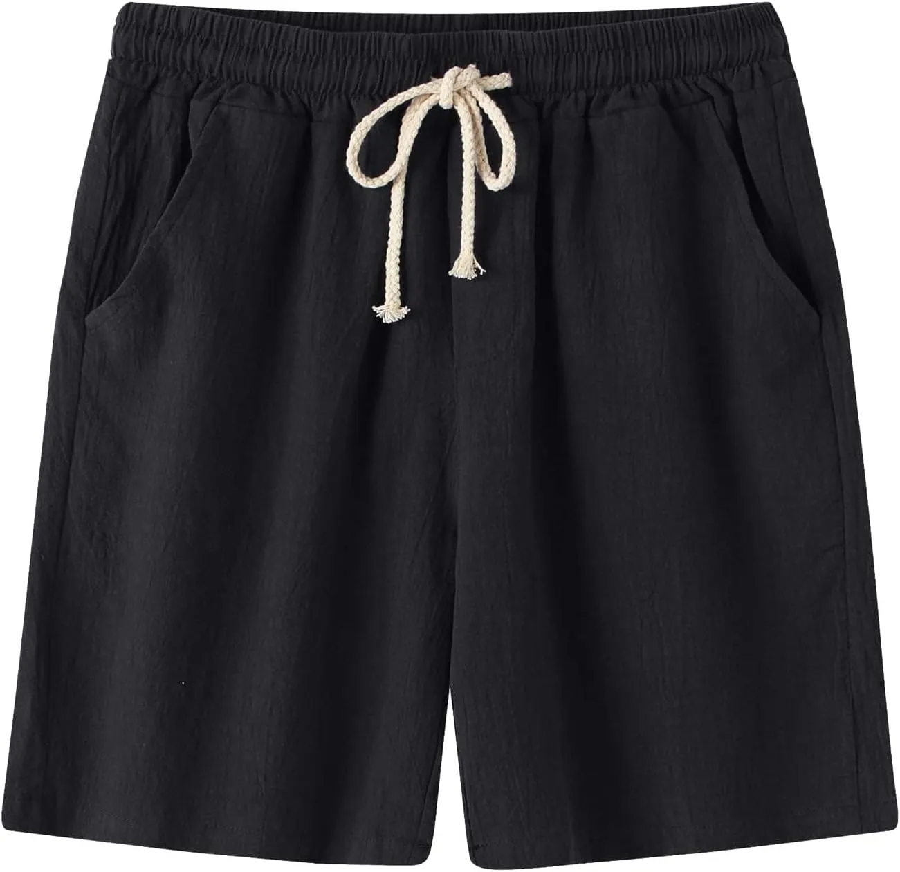 Mens Cotton Linen Bermuda Shorts Casual Slim Fit Elastic Waist Board Shorts with Pockets Lightweight Athletic Workout Shorts