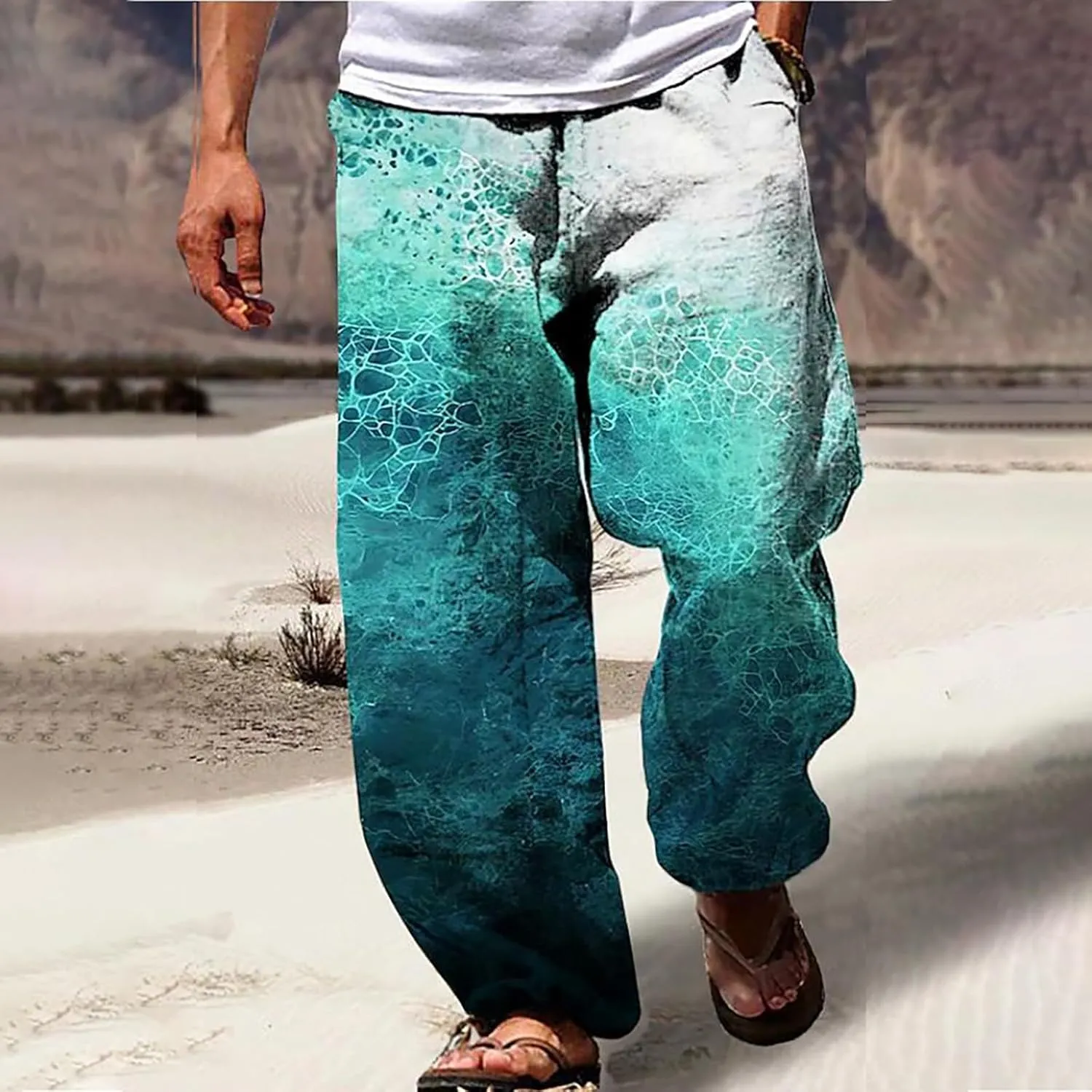 Mens Cotton Linen Printed Pants Straight Leg Loose Fit Outdoor Lounge Trousers for Men Drawstrings Summer Casual Beach Pant