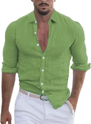 Men's Cotton Linen Shirt Lapel Beach Shirt Long Sleeve Solid Color Summer Hawaiian Vacation Holiday Tops