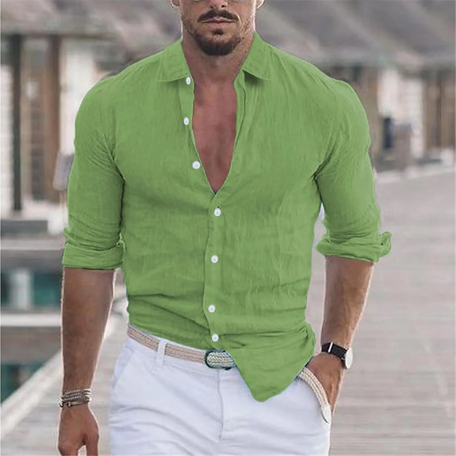 Men's Cotton Linen Shirt Lapel Beach Shirt Long Sleeve Solid Color Summer Hawaiian Vacation Holiday Tops