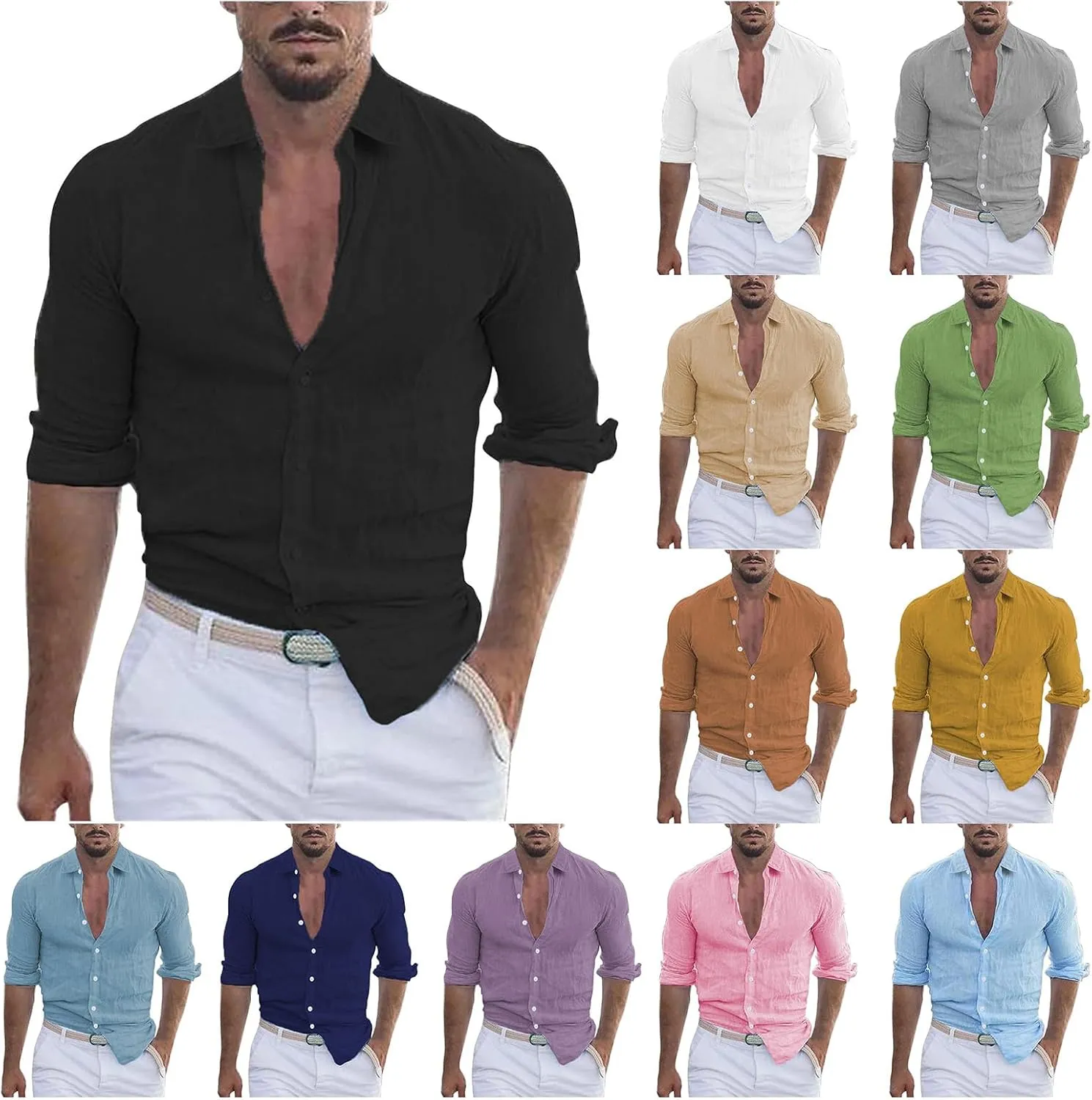 Men's Cotton Linen Shirt Lapel Beach Shirt Long Sleeve Solid Color Summer Hawaiian Vacation Holiday Tops