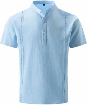 Men's Cotton Linen Shirt Trendy Solid Color Button Henley Blouses Soft Loose Comfy Short Sleeve Summer Beach Tees
