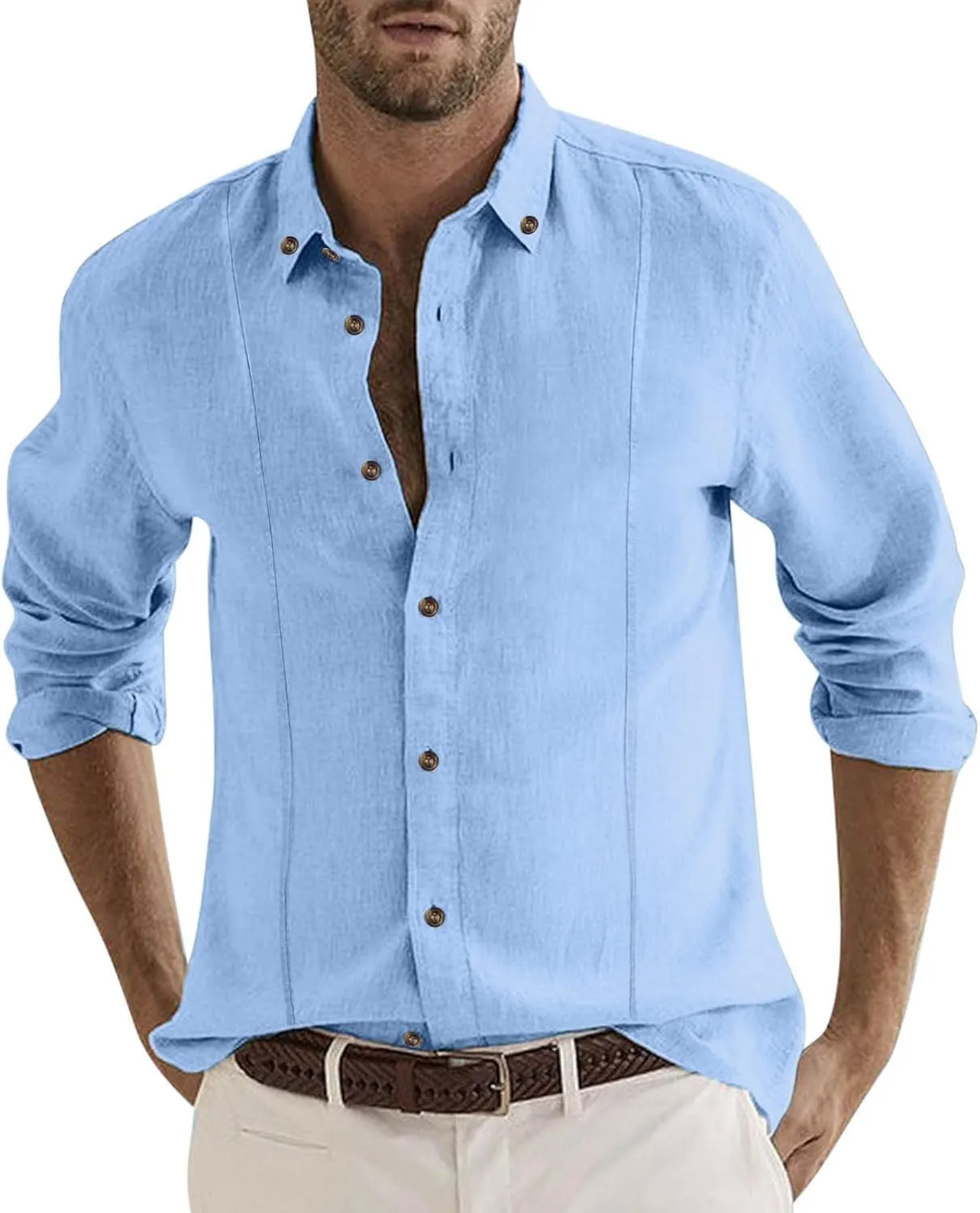 Men's Cuban Guayabera Linen Shirts Long Sleeve Casual Button Down Shirt Classic Fit Solid Collared Basic Beach Tops