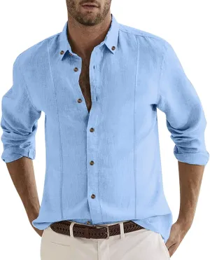 Men's Cuban Guayabera Linen Shirts Long Sleeve Casual Button Down Shirt Classic Fit Solid Collared Basic Beach Tops