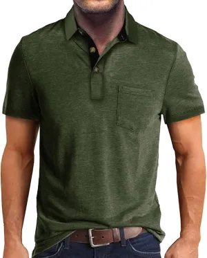 Men's Fashion Casual Polo Shirts Cotton Slim Button Basic Tops Short Sleeve Solid Color Work Golf T Shirt with Pocket