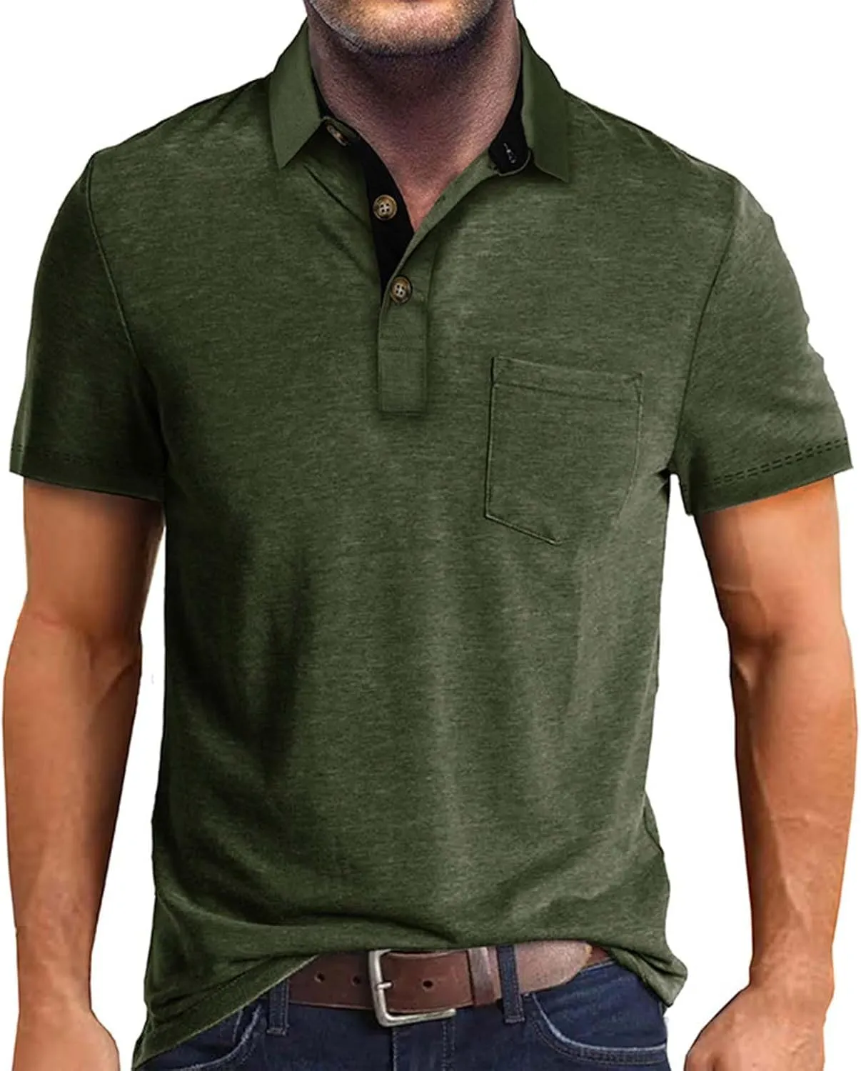 Men's Fashion Casual Polo Shirts Cotton Slim Button Basic Tops Short Sleeve Solid Color Work Golf T Shirt with Pocket