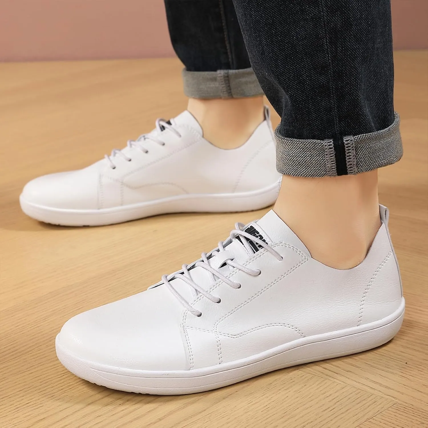 Men's Leather Wide Toe Minimalist Barefoot Shoes Casual Lace-Up Lightweight Zero Drop Sole Walking Running Shoes Comfortable Gym Trail Trainer Sneakers