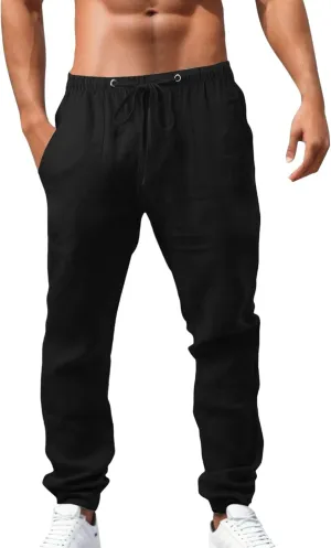 Men's Linen Pants Casual Drawstring Elastic Waist Pants Loose Fit Lightweight Summer Beach Yoga Trouser with Pocket