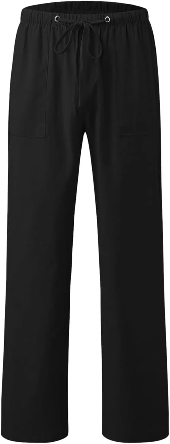 Men's Linen Pants Casual Drawstring Elastic Waist Pants Loose Fit Lightweight Summer Beach Yoga Trouser with Pocket