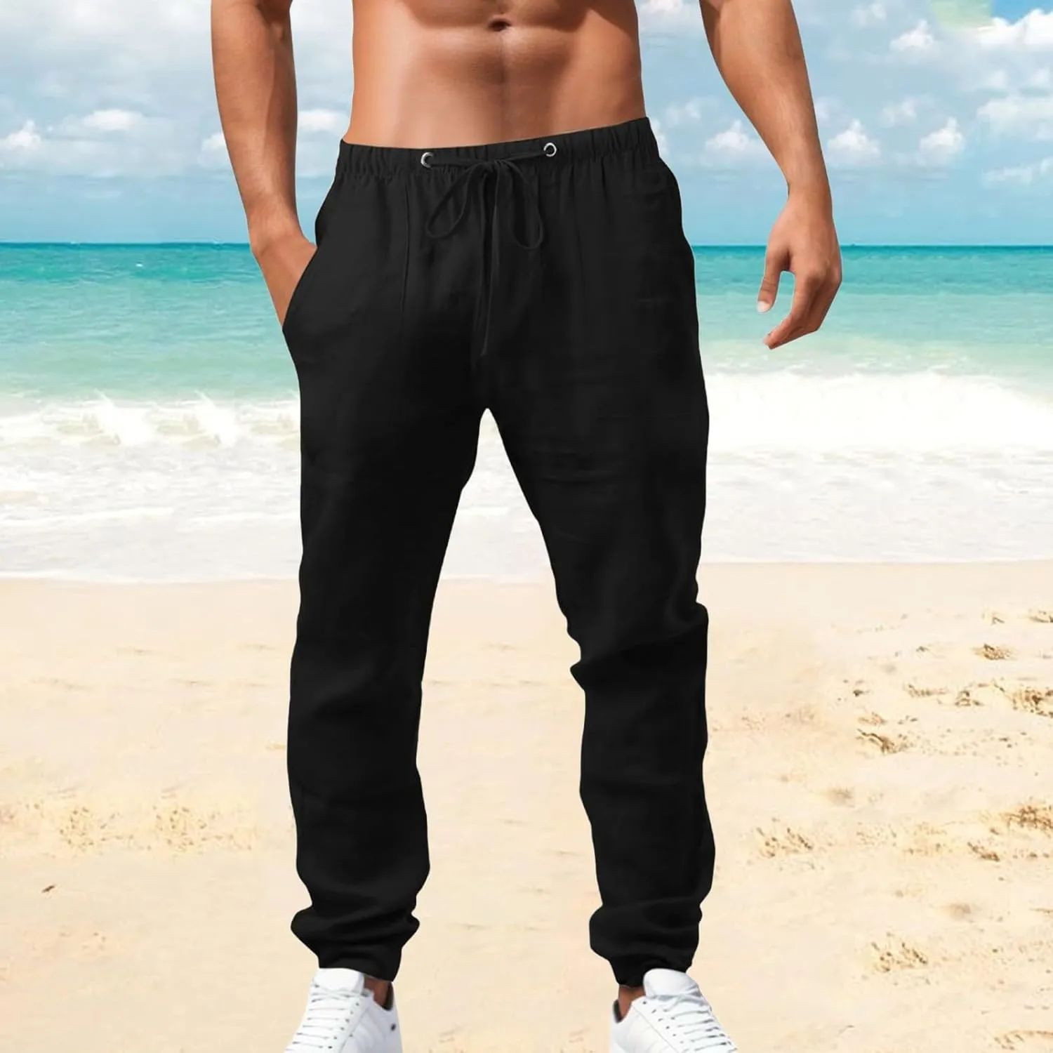 Men's Linen Pants Casual Drawstring Elastic Waist Pants Loose Fit Lightweight Summer Beach Yoga Trouser with Pocket