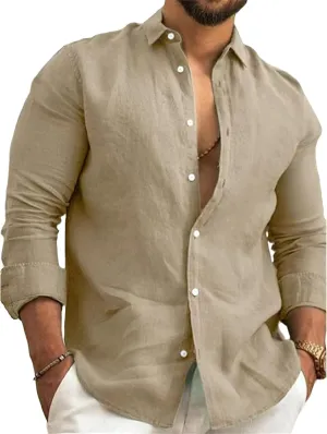 Men's Linen Shirt Button Down Long Sleeve Cotton Beach Collar Casual Summer Shirts Solid Color Hawaiian Shirt