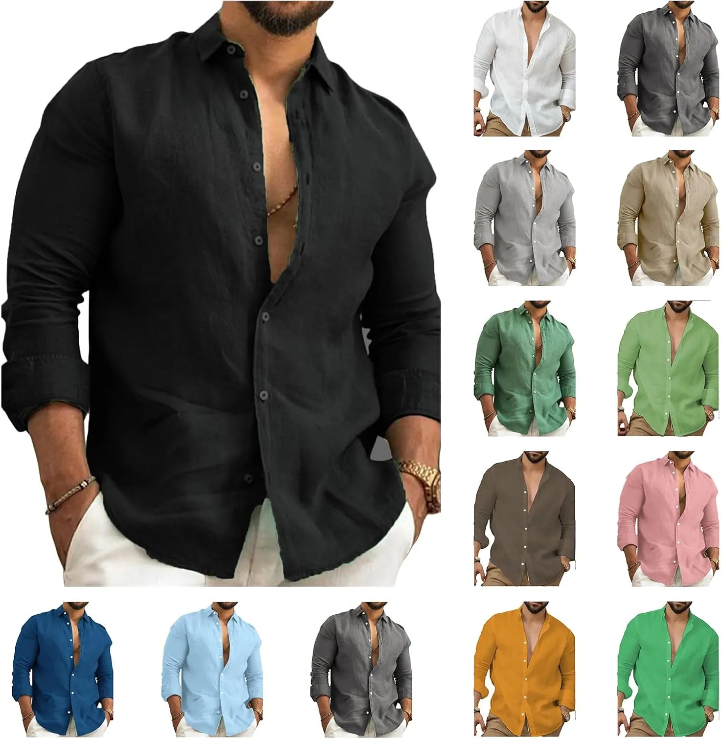 Men's Linen Shirt Button Down Long Sleeve Cotton Beach Collar Casual Summer Shirts Solid Color Hawaiian Shirt