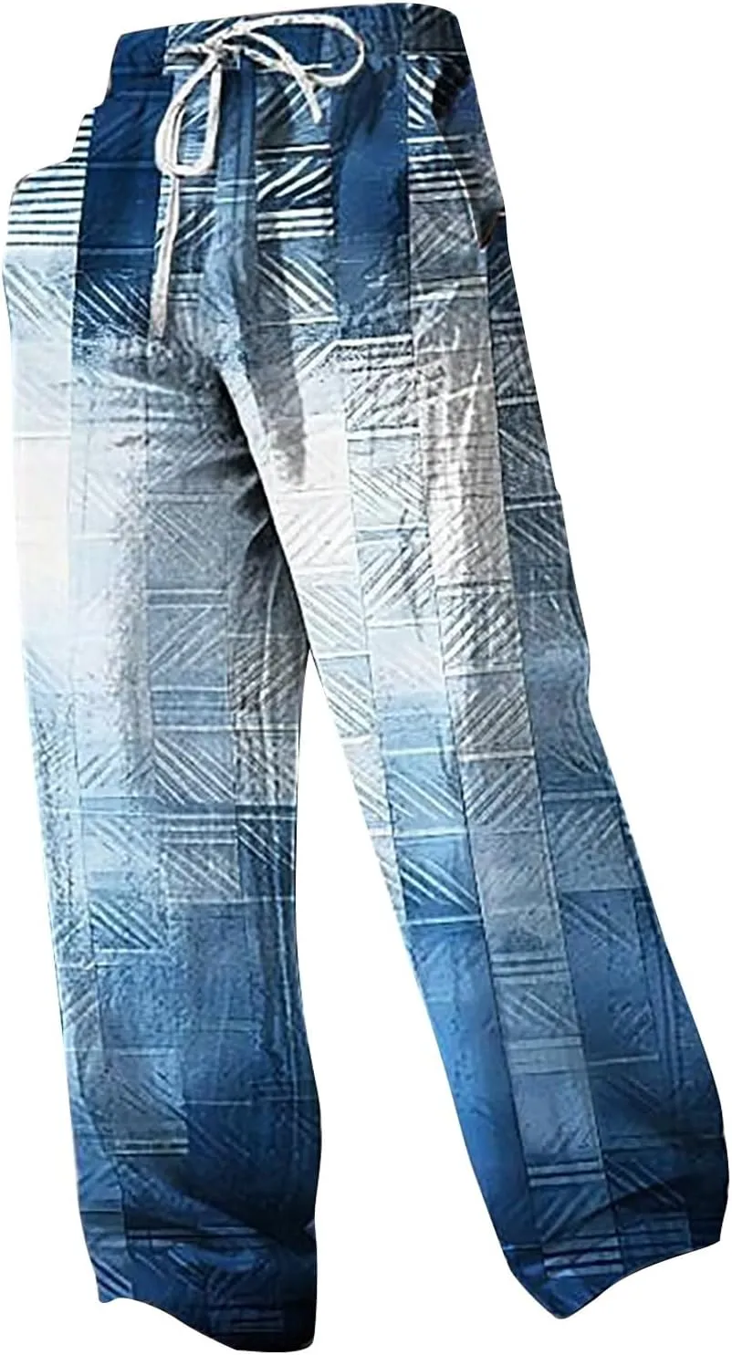Men's Linen Trousers Summer Elastic High Waist Drawtring Pants Drawstring Lightweight Holiday Streetwears Summer Casual Pants