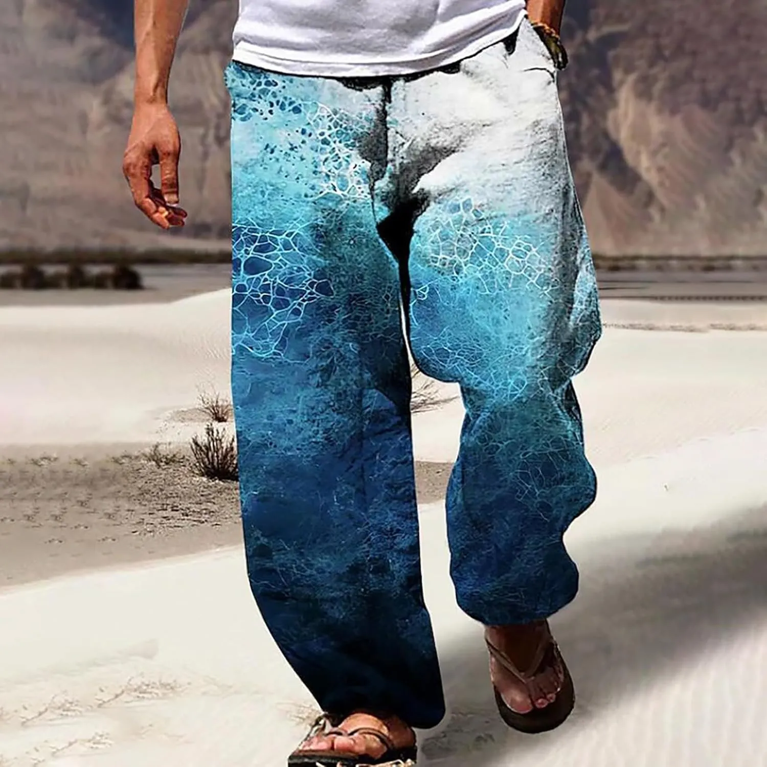 Mens Printed Summer Linen Pants Drawstring Straight Leg Casual Pants Elastic Waist Beach Yoga Hawaiian Trousers