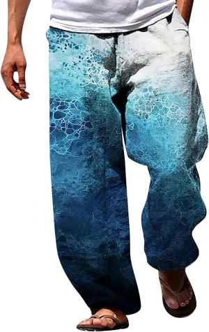 Mens Printed Summer Linen Pants Drawstring Straight Leg Casual Pants Elastic Waist Beach Yoga Hawaiian Trousers