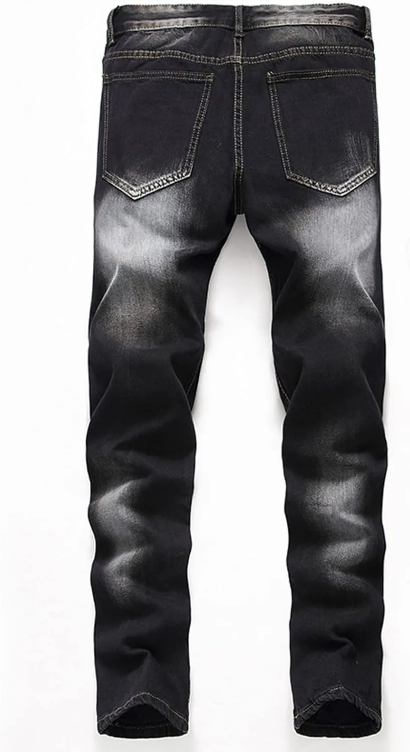 Men's Ripped Distressed Destroyed Slim Fit Straight Leg Denim Jeans Slim Biker Moto Trousers Vintage Casual Long Pants