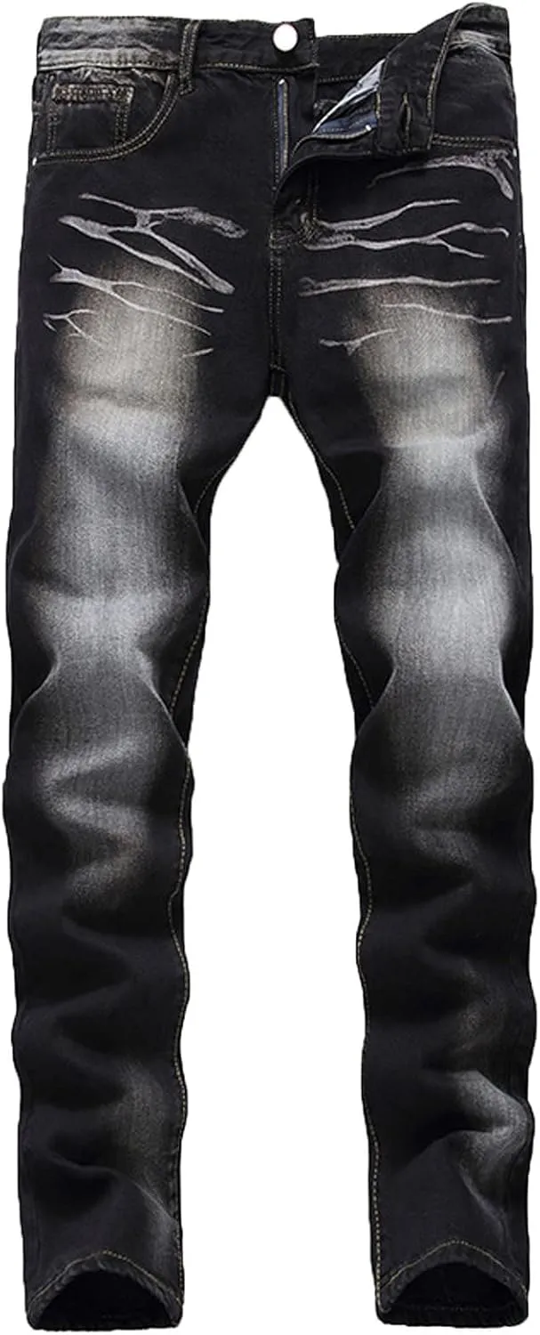 Men's Ripped Distressed Destroyed Slim Fit Straight Leg Denim Jeans Slim Biker Moto Trousers Vintage Casual Long Pants