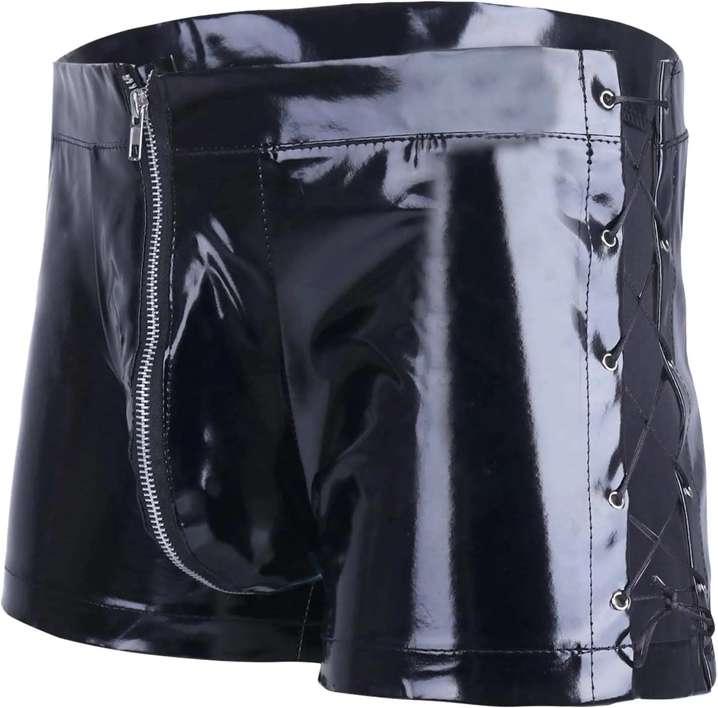Men's Sexy Faux Leather Shorts Pants Low Rise Ultra Soft Erotic Clubwear Button Removable Pouch Fun Trunks Lingerie