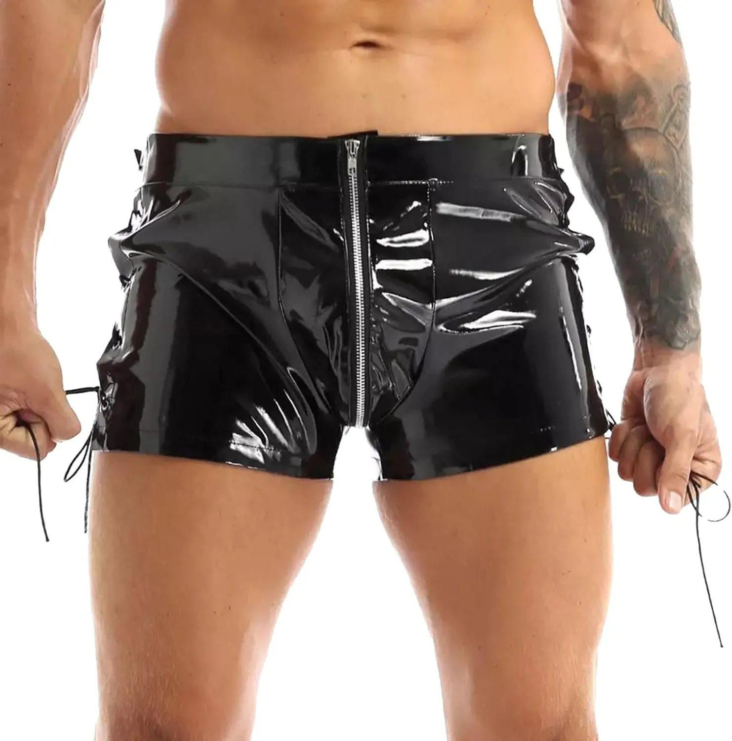 Men's Sexy Faux Leather Shorts Pants Low Rise Ultra Soft Erotic Clubwear Button Removable Pouch Fun Trunks Lingerie