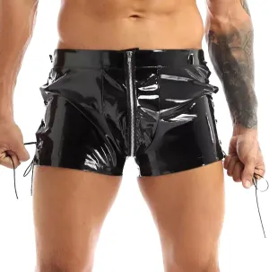 Men's Sexy Faux Leather Shorts Pants Low Rise Ultra Soft Erotic Clubwear Button Removable Pouch Fun Trunks Lingerie