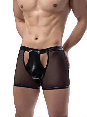 Men's Sexy Mesh Boxer Briefs Breathable Mesh Hollowed Out Patent Leather Shorts Low Rise Boxer Briefs Snap Button Open Design Boxers Shorts Black Erotic Panties Underwear Short Underpants