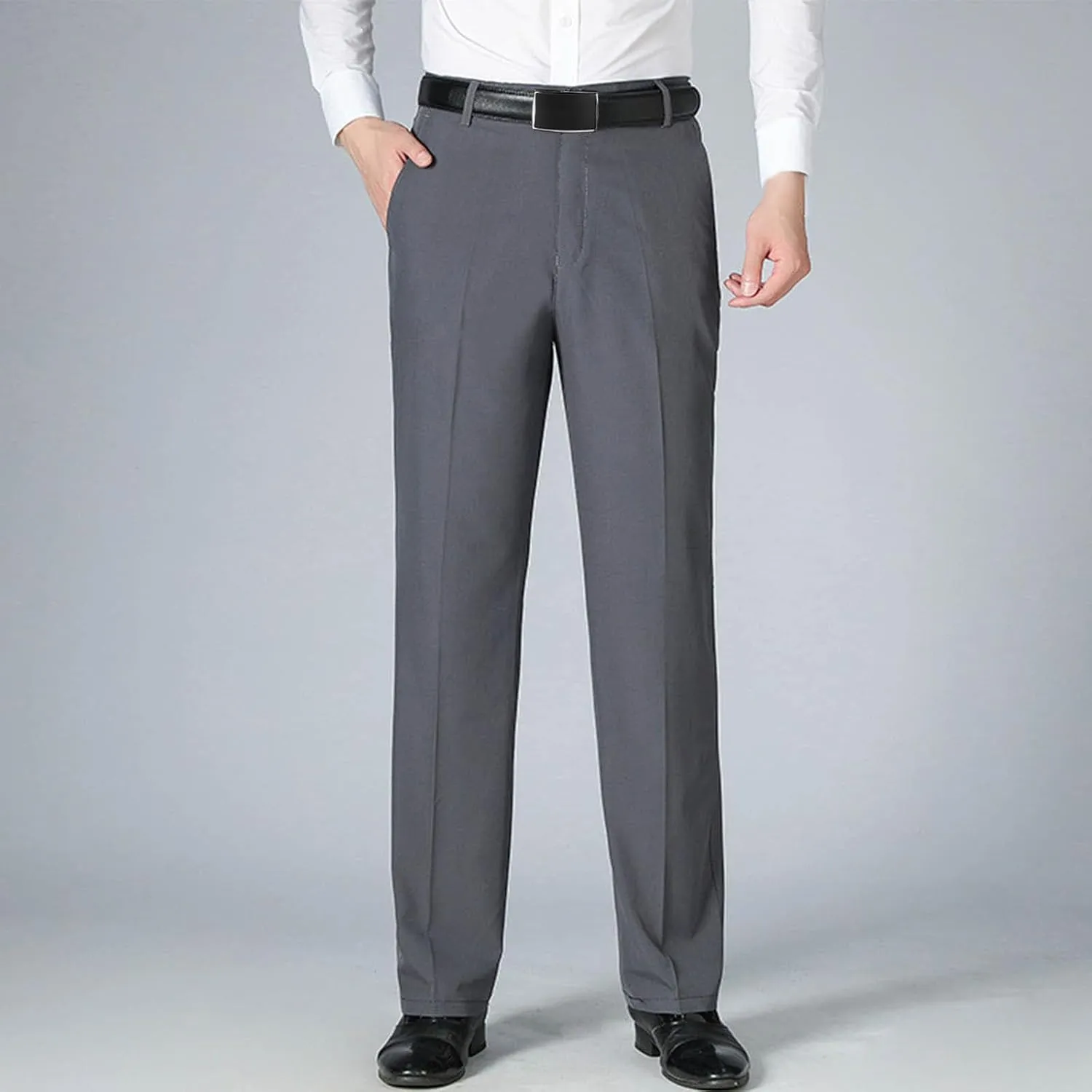 Men's Slim Fit Dress Pants for Office Business Casual Gray Trousers with Belt Loop Wide Legs and Pleated Front