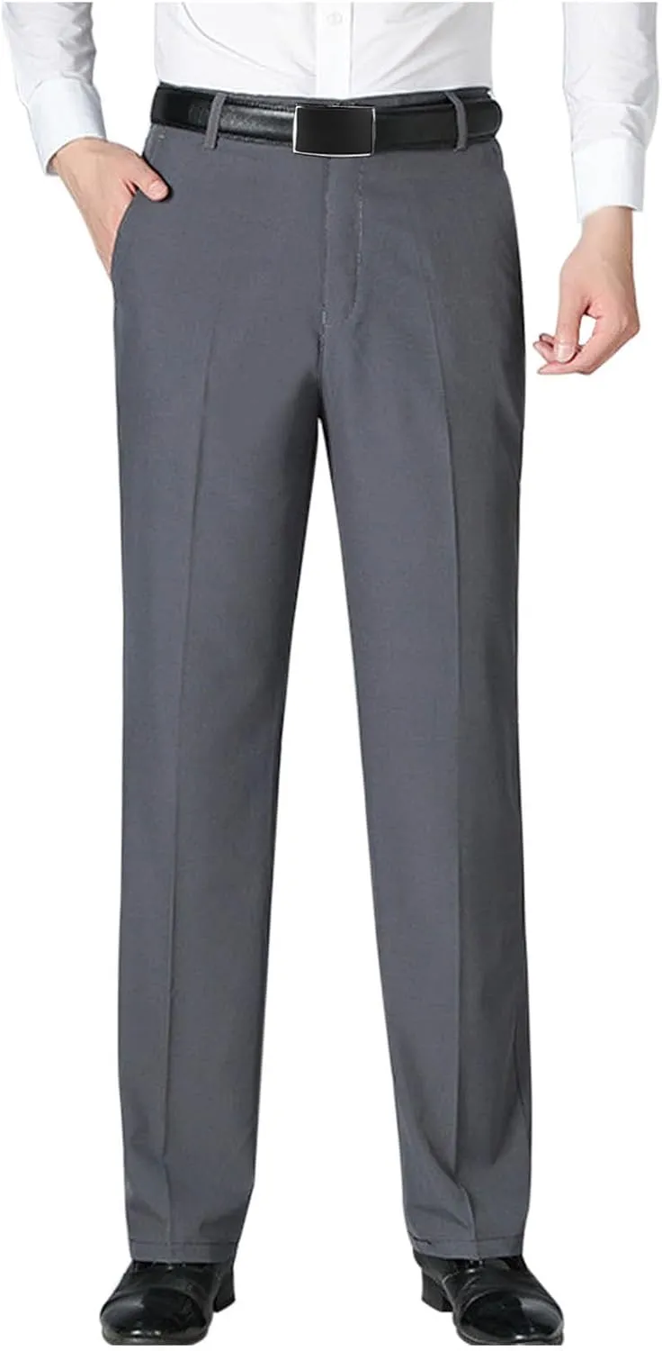 Men's Slim Fit Dress Pants for Office Business Casual Gray Trousers with Belt Loop Wide Legs and Pleated Front