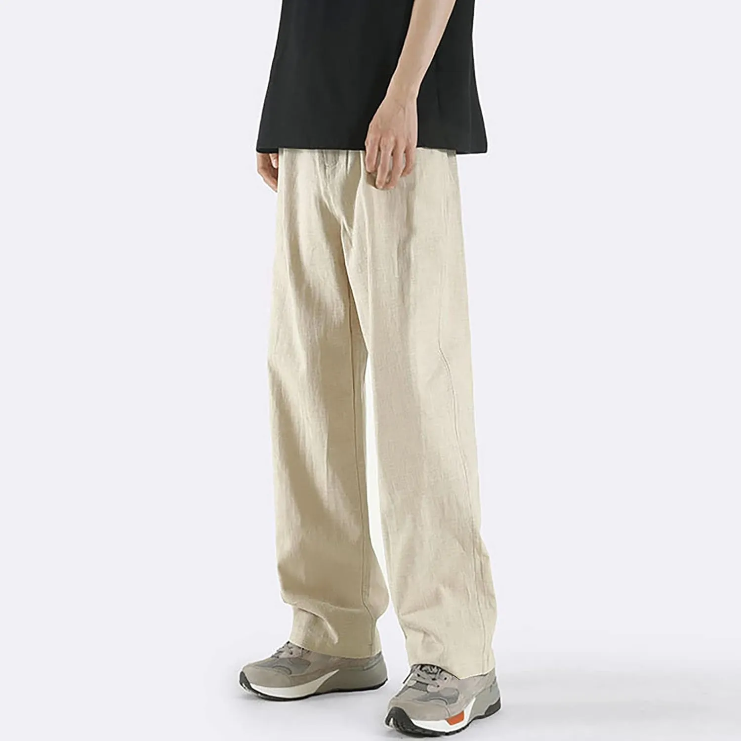 Mens Straight Leg Linen Pants Elastic Waist Drawstring Loose Summer Beach Trouser Trendy Resort Wear Comfort Lounge Pants