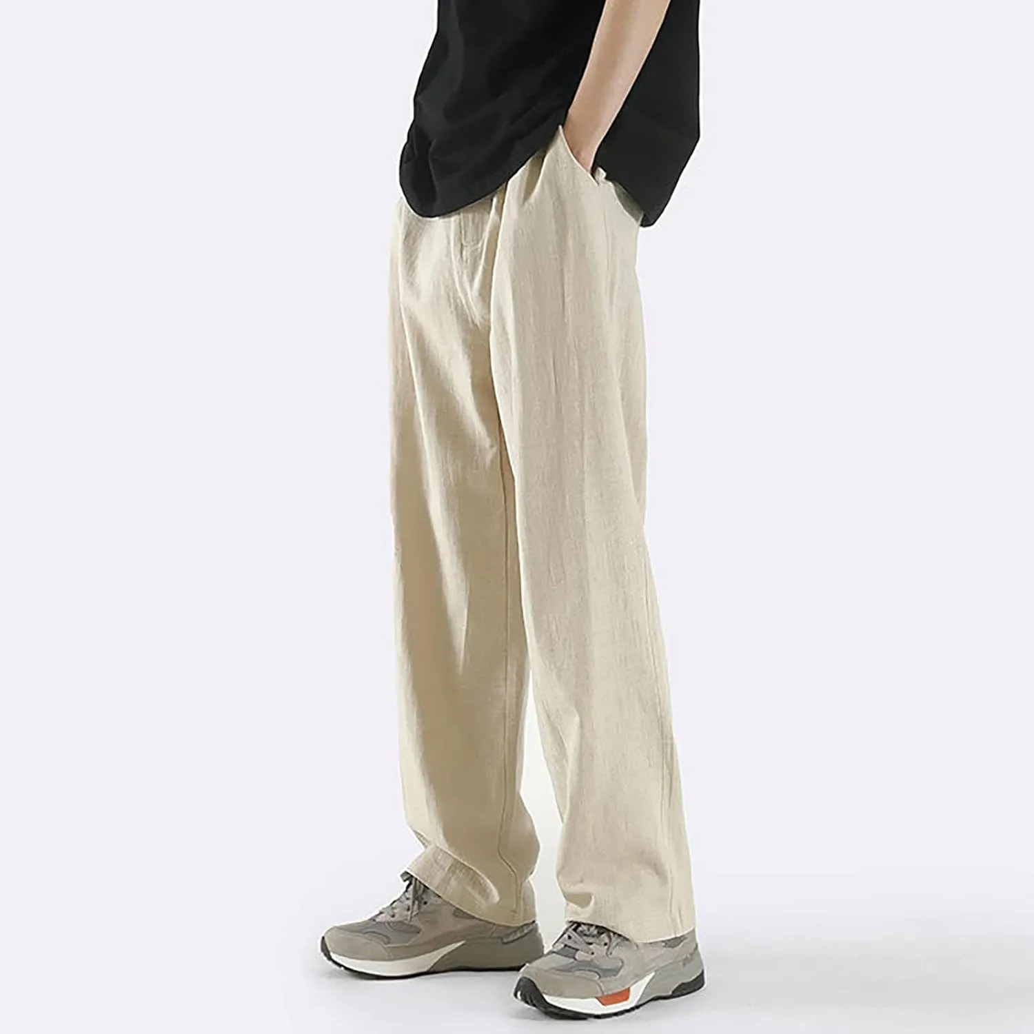 Mens Straight Leg Linen Pants Elastic Waist Drawstring Loose Summer Beach Trouser Trendy Resort Wear Comfort Lounge Pants