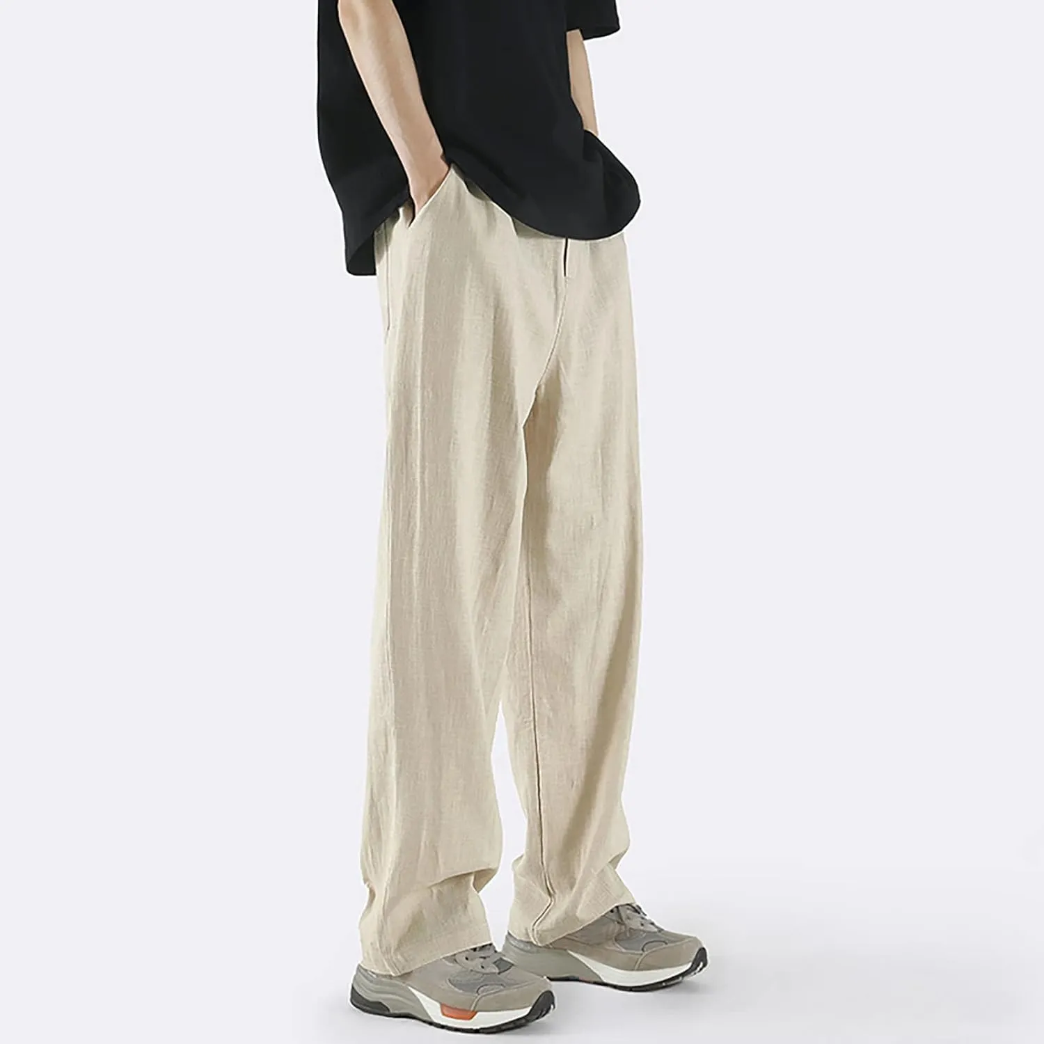 Mens Straight Leg Linen Pants Elastic Waist Drawstring Loose Summer Beach Trouser Trendy Resort Wear Comfort Lounge Pants