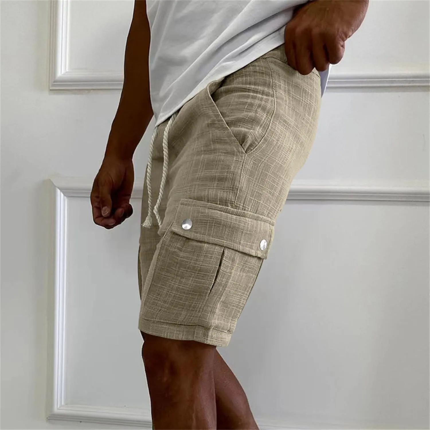 Men's Summer Cargo Shorts Slim Fit Texture Shorts Drawstring Stretchy Thin Pants Fashion Vacation Pants with Pockets
