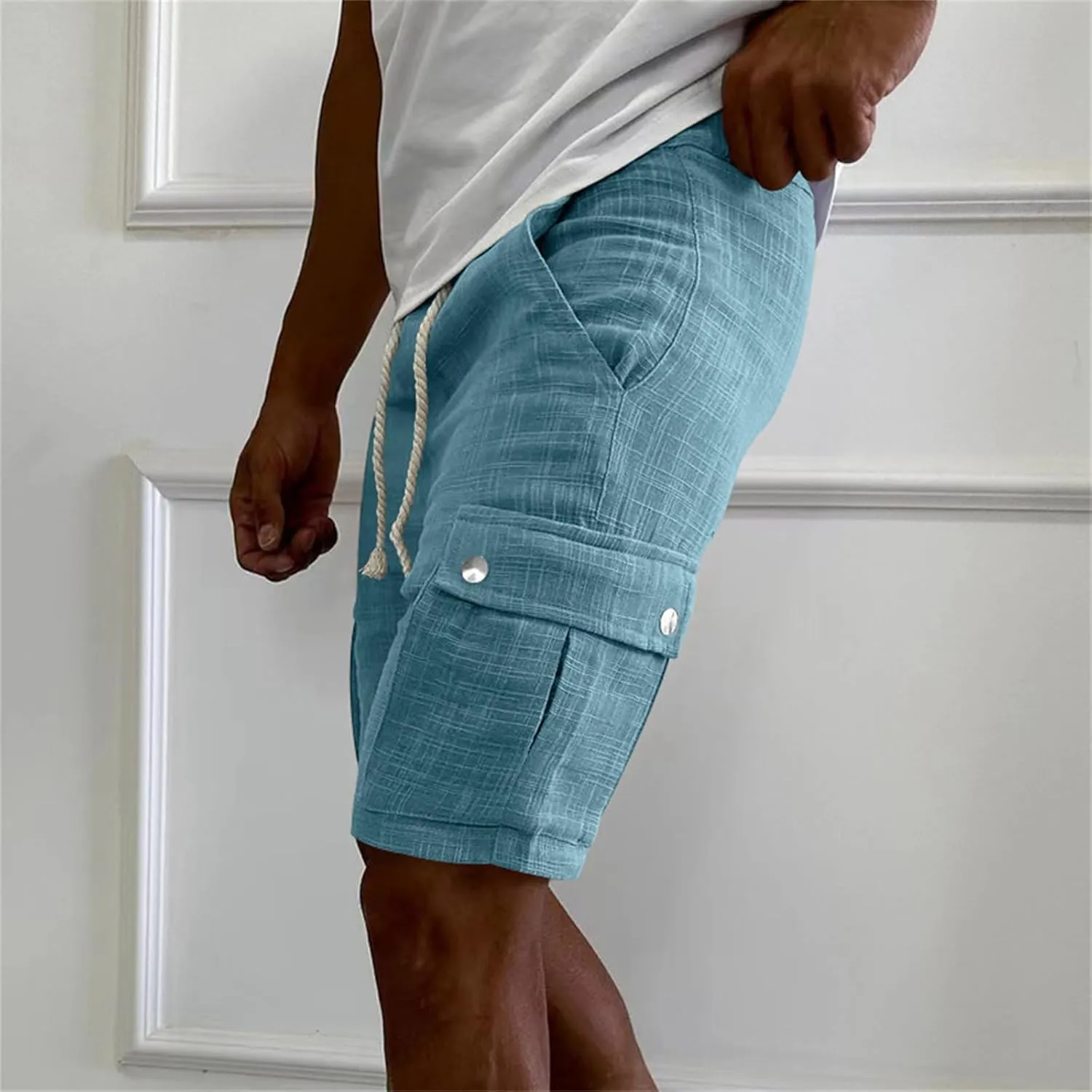 Men's Summer Cargo Shorts Slim Fit Texture Shorts Drawstring Stretchy Thin Pants Fashion Vacation Pants with Pockets