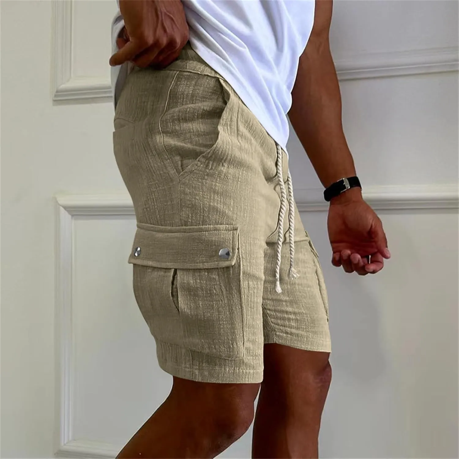 Men's Summer Cargo Shorts Slim Fit Texture Shorts Drawstring Stretchy Thin Pants Fashion Vacation Pants with Pockets