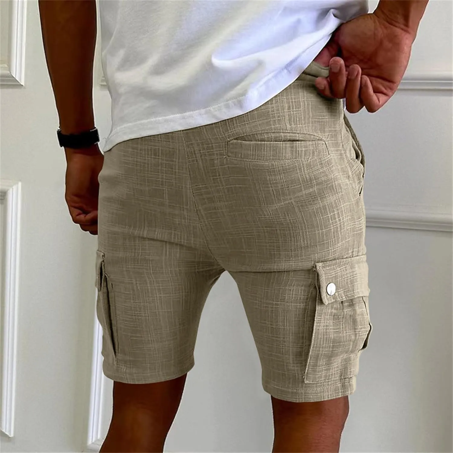 Men's Summer Cargo Shorts Slim Fit Texture Shorts Drawstring Stretchy Thin Pants Fashion Vacation Pants with Pockets