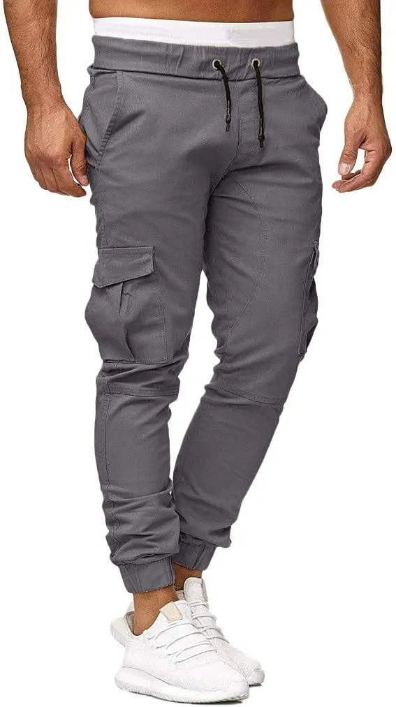 Mens Twill Cotton Joggers Cargo Pants Drawstring Cotton Slim Fit Chino Trousers Casual Fitness Track Jogging Pants