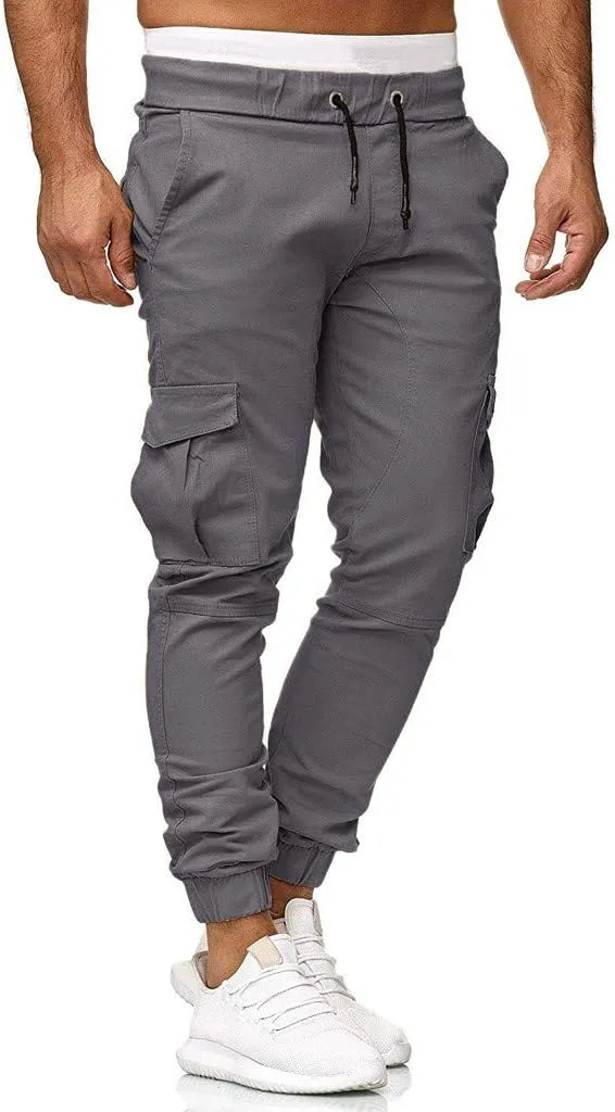 Mens Twill Cotton Joggers Cargo Pants Drawstring Cotton Slim Fit Chino Trousers Casual Fitness Track Jogging Pants