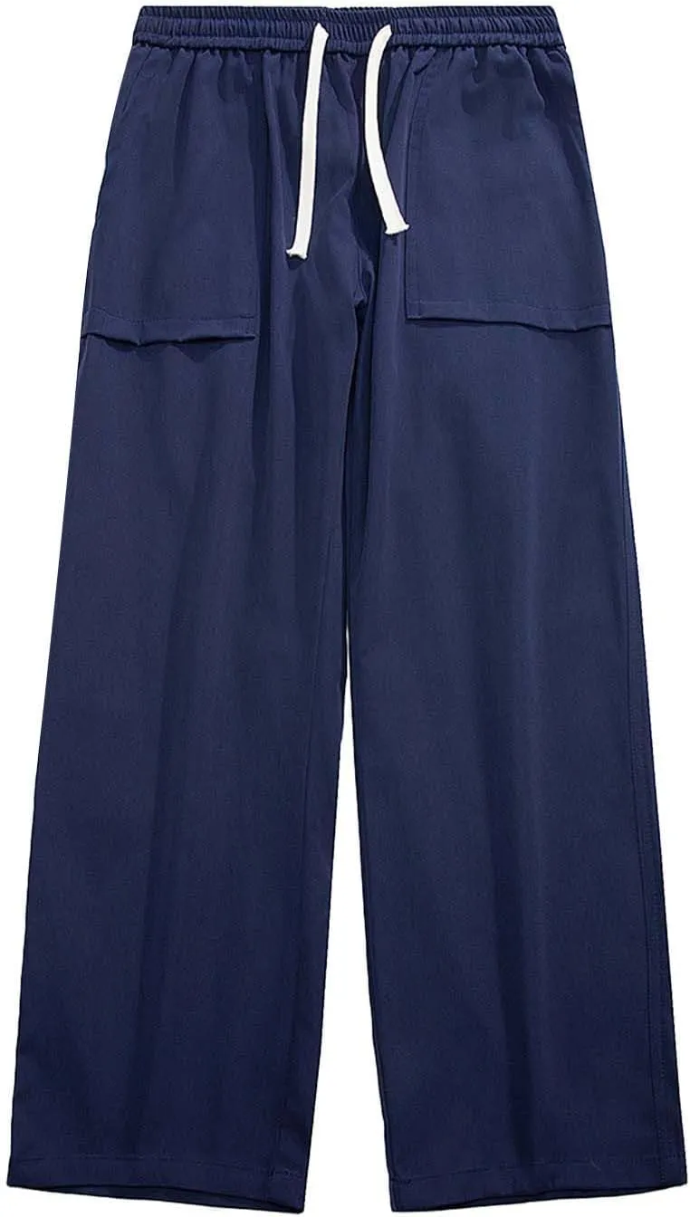Mens Wide Leg Chino Pants Loose Fit Elastic Waist Drawstring Cargo Pants with Multi Pockets Open Bottom Comfort Sweatpants