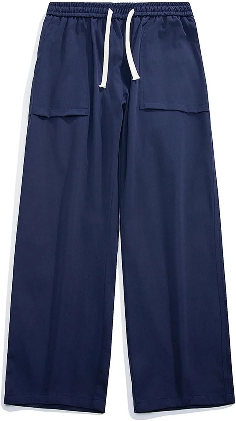 Mens Wide Leg Chino Pants Loose Fit Elastic Waist Drawstring Cargo Pants with Multi Pockets Open Bottom Comfort Sweatpants