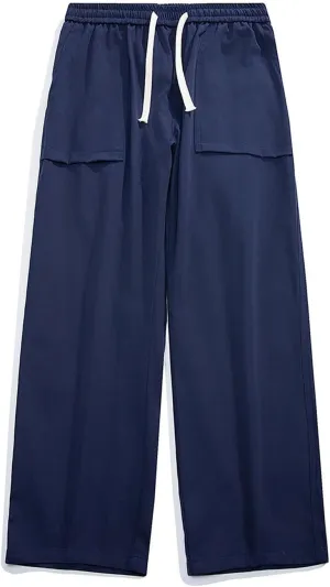 Mens Wide Leg Chino Pants Loose Fit Elastic Waist Drawstring Cargo Pants with Multi Pockets Open Bottom Comfort Sweatpants