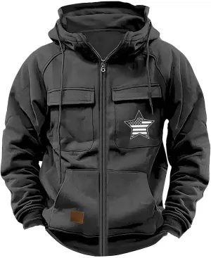 Men's Zip Up Cargo Hoodies USA Flag Printed Long Sleeve Drawstring Hooded Sweatshirts Classic Fit Vintage Jackets