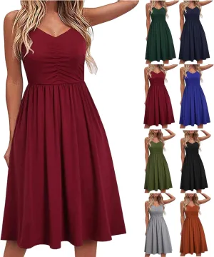 Midi Dresses for Women 2025 Sleeveless Summer Beach Dress Casual Loose V Neck Sundress Spaghetti Strap Beach Dresses