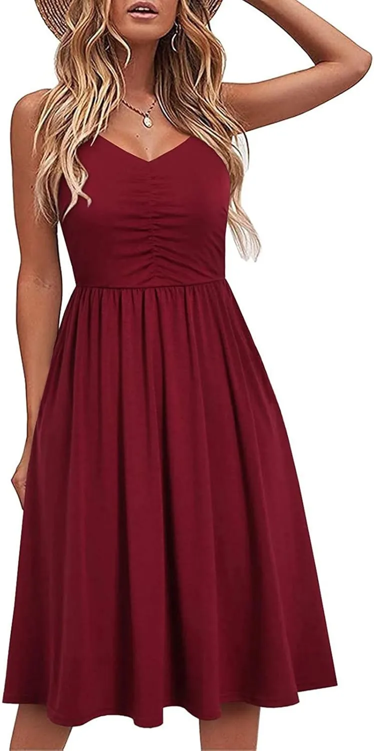 Midi Dresses for Women 2025 Sleeveless Summer Beach Dress Casual Loose V Neck Sundress Spaghetti Strap Beach Dresses